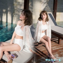 Swimwear women hot spring thin new conservative) three-piece set gathered lace white bikini steel support Super fairy