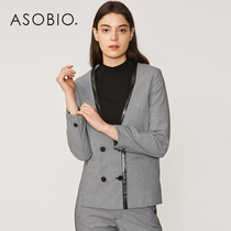 Asiobo womens suit jacket womens slim business casual chickerhead V-neck double-breasted suit womens coat