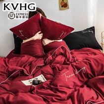 KVHG four pieces of wedding bed linen quilt cover bed Ogasawara three sets of grinding wool washed cotton wedding bed upper supplies big red