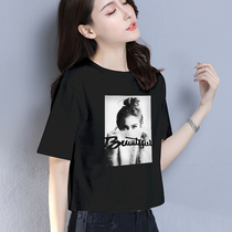 Korean umbilical top loose short short-sleeved T-shirt womens pure cotton high waist 2021 new black female net red summer dress