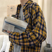 Net red shirt mens loose long sleeve trend ins plaid shirt Korean version of autumn casual Ruffian handsome coat is very fairy