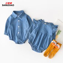 Baby clothes Ha clothing jumpsuit ins summer newborn clothing denim shirt spring and autumn twins