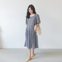 Pregnant woman with dress for dress and summer with large code loose fashion foreign air frescoed cotton linen grid new pregnant woman skirt summer