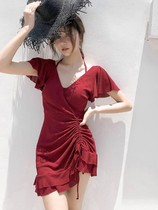 Vido New Spa Conjoined Swimsuit Conservative Wine Red Dress Style Veil for Slim Sexy Holiday Swimsuit Women