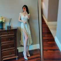 Printed medium and long breast wrap skirt high waist neckline short sleeve dress