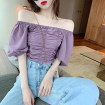 Summer new Hong Kong style chic Foreign style bubble sleeve shirt womens design sense of fashion small shirt one-line collar off-the-shoulder top