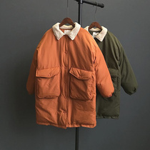 Winter womens long lamb hair collar down cotton cotton clothing Korean version loose warm thickened chic wind cotton coat