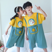 children's one-piece dress pajamas boys girls short sleeve pure cotton jingling cat one-piece sibling home clothing summer thin