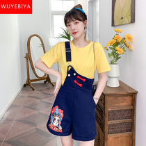 Single Shoulder Denim Harness Shorts Shorts Girls Raw Summer Clothing 2022 New Junior High School High School Students Fashion Reduced Age Wide Legs