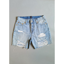 Clear cabin No elastic light blue grinding holes wool edge loose high waist shorts Summer women pants denim