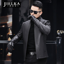 Henning genuine leather fur coat mens upright collar short business middle-aged dad loaded with deer leather tattoo leather jacket male dermis jacket