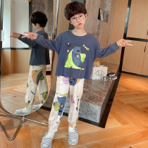 Boys pajamas autumn cotton thin childrens round neck set air-conditioning clothing cute boy treasure middle and big children cotton home wear
