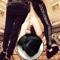 Fall winter Korean version of three-bar large size pants loose slim sports women plus velvet padded casual Harlan pants tide brand