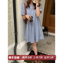 Mustard homemade bubble sleeve dress female blue bellflower skirt summer waist thin temperament short small skirt