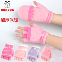 Childrens gloves in winter thick and warm cute girl five-finger flip wool baby girl half-finger gloves