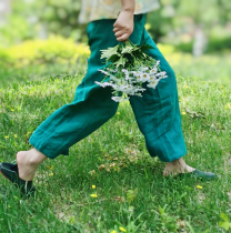 Early spring green Laura washed linen parent-child wide-legged pants summer cotton linen loose 90% pants male and female childrens art and art pro