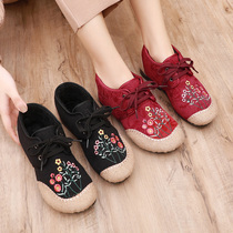 Old Beijing cloth shoes women winter plus velvet warm mother cotton shoes retro ethnic flat lace-up middle-aged embroidered shoes