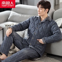 Winter mens sleepwear long sleeves pure cotton three-layer thickened warm clip cotton full cotton checkered autumn and winter style home suit suit