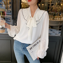 New Fall Snowspun Long Sleeve Shirt V Collar Butterfly Knot Strap Ocean Air Display Slim Fit Lotus Leaf Cuff White Blouse
