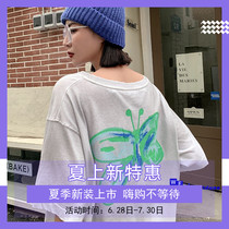 Overexperience we11done back color painted butterfly printed short sleeve T-shirt female welldone tide cards for old blouses spring