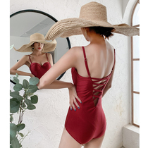 High-end light sense wine red white sexy one-piece bikini size chest gathered to cover the belly thin hot spring swimsuit woman