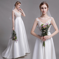 The original elegant forest line imported satin lace long tailed bride main wedding dress outdoor fairy air out yarn