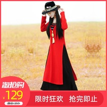 (Snap up 129)Yingru cotton and hemp long-sleeved dress Knitted long dress autumn and winter thickened slim femininity