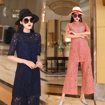 2021 summer new long short sleeve jacket set women slim wide leg pants lace two-piece tide