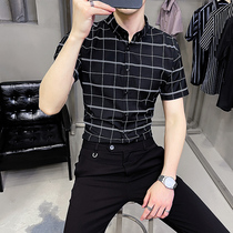 Summer clothing mens shirt lining blouses with short sleeves and half sleeves trend casual plaid handsome Han version 100 hitch-shirt