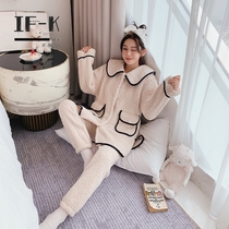 IF-KANN lamb velvet pajamas women autumn and winter thickened warm coral velvet cute housewear two-piece set spring