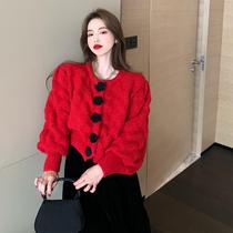 Bubble sleeves Knitted Sweatshirt Woman 2022 New autumn and winter outwear foreign air flowers Volleyball Buttoned Sweater Sweatshirt Short blouses
