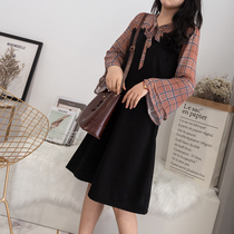 2019 spring dress new large size womens 200 Jin fat sister loose age fake two pieces mosaic chiffon dress