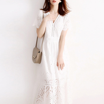 JOLIMENT skirt female 2021 new white dress fairy Super fairy sweet temperament embroidery V collar long skirt