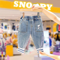 Snoopy boys and childrens denim trousers spring and autumn girls pants children plus velvet winter tide thick