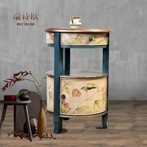 American corner A few solid wood bedside storage small side cabinet Hand-painted small round table Mini bedroom Mediterranean sofa side a few