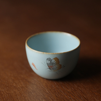 Spring mud Ru Kiln Blue glaze handmade hand-painted Jingdezhen Ceramic Master cup Tea Cup Coarse Pottery Kung Fu Tea Cup Butterfly