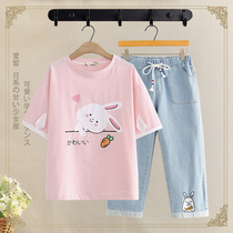 Student summer Japanese cute suit female 2021 new Korean version loose junior high school students leisure sports two-piece suit