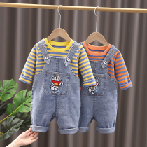 Boys set baby autumn denim backpack pants two-piece set Spring and Autumn 1-3-year-old baby boy handsome stripes tide