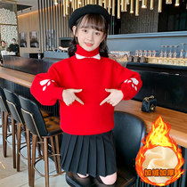 Girls sweater plus velvet thickened red high collar winter hot styles foreign style 2022 new big childrens bottoming girls