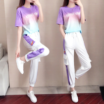Large size womens summer clothes 2021 new suit girls fat MM thin fashionable purple fashion two-piece set tide fan