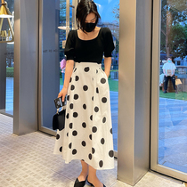 Polo Dot Skirt Long Summer Thin Hepburn A- line dress Skinny Umbrella Skirt French Vintage Skirt