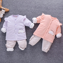 Female baby autumn and winter cotton suit suit foreign-quality cotton 6-9-12 months baby clip cotton warm padded jacket two-piece set