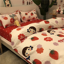 Cartoon Teenage Girl Hearts Four Sets Strawberry Washed Cotton Quilts Bedding Students Quarters Ins Bed Linen Three Sets