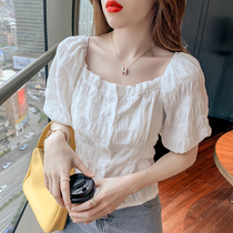 Fashion one-word shoulder clavicle top temperament square collar chiffon shirt 2021 summer new Western style small shirt age-reducing wild