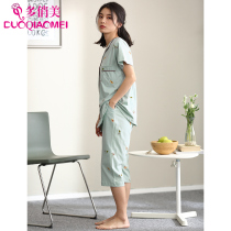 Short Sleeve Capri pants Shorts Women Cotton Pajamas Set Summer Thin Size Cotton Summer Home Clothes Loose Autumn