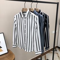 Autumn mens vertical striped slim-fit shirt mens long-sleeved Korean black trend shirt handsome casual business high-end