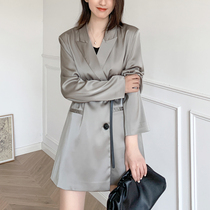 Suit Jacket Female Acetate Satin Spring and Autumn 2021 New Medium Long Loose Leisure Design Sense Minor Suit Jacket