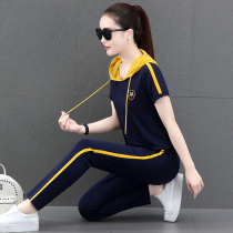 BBQ sports suit women's new Han version of loose and thin short-sleeved short-sleeved hooded sweater and leisure two sets