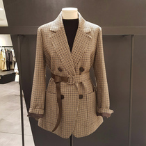 Star with the same mid-length small suit female 2021 Korean version of the houndstooth silhouette plaid lace-up woolen suit jacket