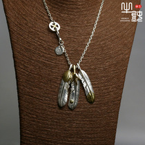 Cattle blunt precision Takaqiao three feather necklace set fine angle corner pendant 925 pure silver sleeve chain